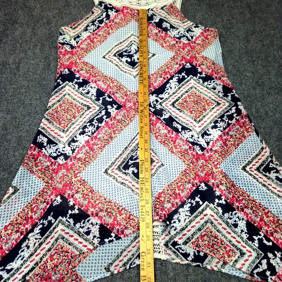 Tanzara Dress Large Boho Geometric Print Crochet Trim Handkerchief Hem Lined - Picture 8 of 8